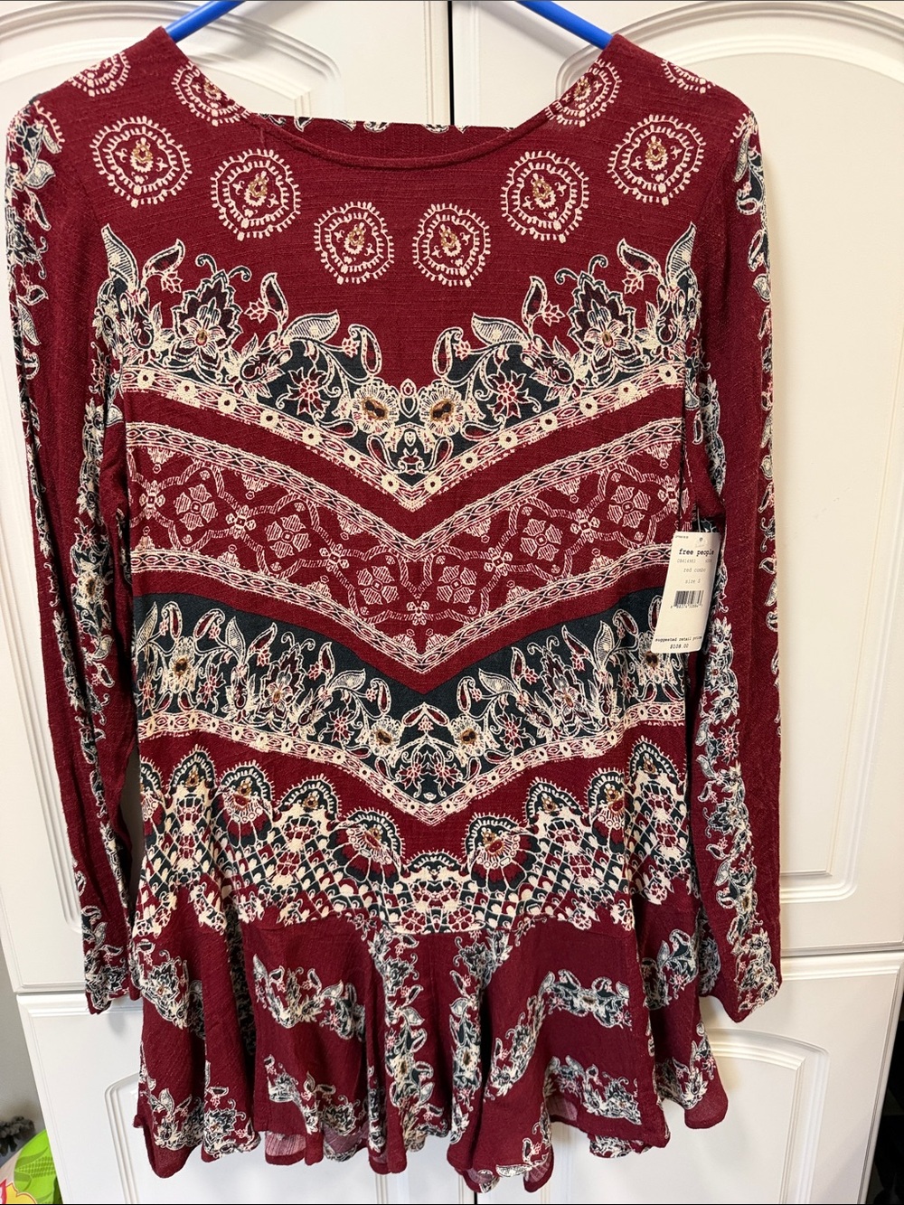 NWT size Small Free People Burgundy Floral Chevron print. Long Sleeve Top